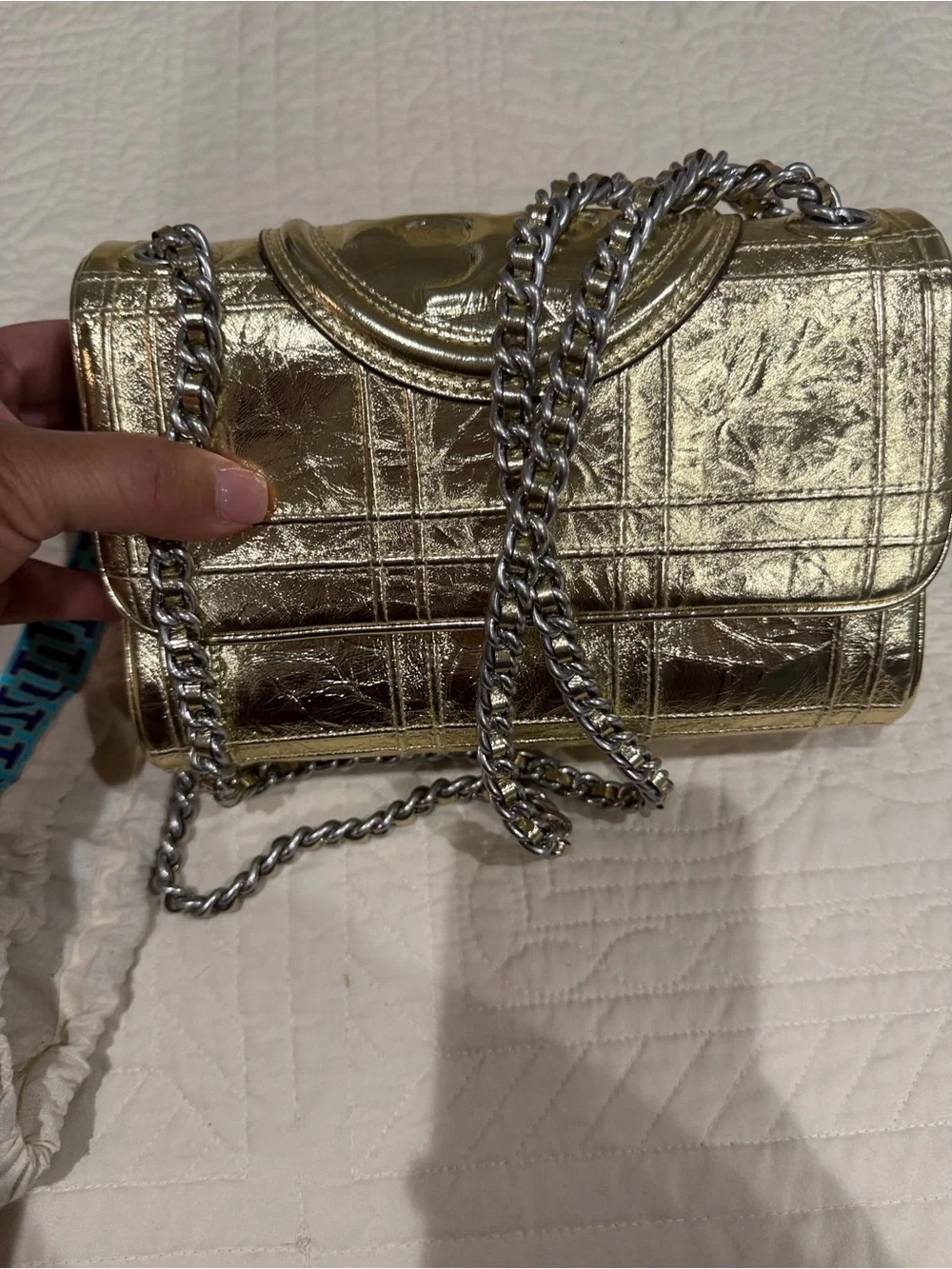 Tory Burch Metallic Gold Quilted Shoulder Bag with Silver Chain